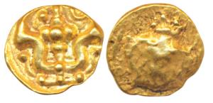 Shilaharas of Kolhapur (c. 1050-1212 AD) Gold ¼ Pagoda / Double Fanam, 0.78g, obv. ornamen