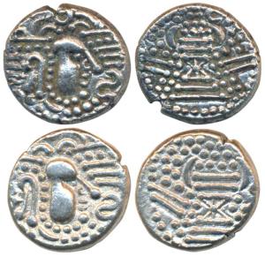 Chalukyas of Gujarat (1030-1120 AD), Silver Dramma or Gadhaya Paisa, 3.98g & 4.13g, obv. s