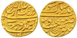 Aurangzeb, Gold Mohur, 11g, Bandar-i-Mubarak Surat Mint, RY 2, badr-i-munir type (KM 315.4