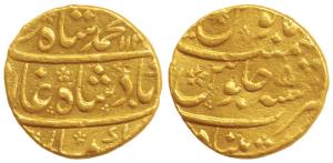 Muhammad Shah, Gold Mohur, 10.84g, Khujista Bunyad Mint, AH 113x/5 (KM 438.13). Very Fine,