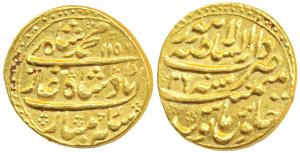 Muhammad Shah, Gold Mohur, 10.88g, Dar us-Sultanate Lahore Mint, AH 1156/26, complete mint