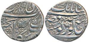 Amritsar Mint, Silver Rupee, 11g, Nanakshahi couplet., VS 1877 (1821 AD), numeral 2 to the