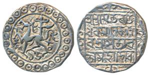 Rajadhara Manikya, Silver Tanka, 10.53g, Saka 1508, citing Queen Satyavati, obv. lion faci