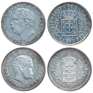 Luiz I (Ludwig), Silver Uma Rupia / Rupee, 1882; Carlos I, 1903 (KM 312 & 17). Extremely F
