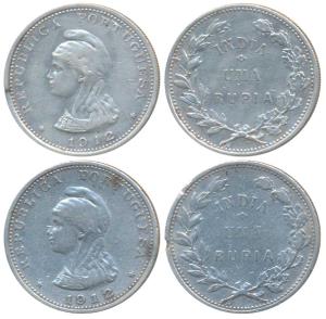 Silver Uma Rupia / Rupee (2), two different types 1912, obv. liberty head to left, the sec