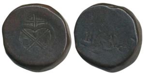 Copper 4 Pice, 42.21g, obv. EIC bale mark and date 1803, rev. scales with Adal in Persian 