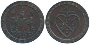 Copper Dub or 1/48 Rupee, 1797, obv. coat of arms of the EIC, rev. bale mark, English Unit