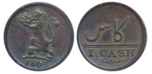 Copper Cash, 1803, obv. lion holding a crown to left with date in English below, rev. valu