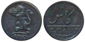 Copper Cash, 1803, obv. lion holding a crown to left with date in English below, rev. valu