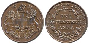 Copper ¼ Anna, 1835, Madras Mint, 18 Berries (9 L+9 R), slanting top of numeral ‘1’ in dat