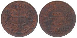 Copper ¼ Anna, 1857, Birmingham Mint, Wreath tips-single leaf, R. Heaton and Sons, (Prid 1