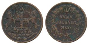 Copper ¼ Anna, 1857, Heaton Mint, obv. coat of arms of the the EIC and date; rev. value wi