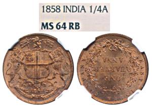 Copper ¼ Anna, 1858, Birmingham Mint, Wreath tips-single leaves, J. Watt and Co. (Prid 156