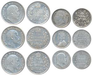 Silver 2 Annas (3), Victoria Queen, 1841, divided legend; Victoria Empress, 1875, Calcutta