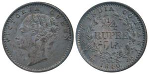 Victoria Queen, Silver ¼ Rupee, 1840, continuous legend, Calcutta Mint, Indian head, incus
