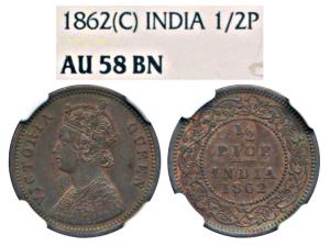 Victoria Queen, Copper ½ Pice, 1862, Calcutta Mint (Prid 711). Graded by NGC AU58BN.