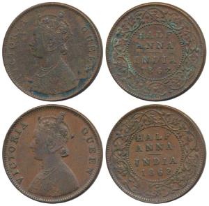 Victoria Queen, Copper ½ Anna, 1862; ½ Anna, 1862, Madras Mint (Prid 577). Fine+. (2)