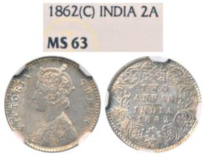 Victoria Queen, Silver 2 Annas, 1862, Calcutta Mint, No Mint mark (SW 4.144a). Graded by N