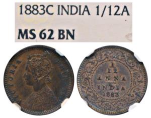 Victoria Empress, Copper 1/12 Anna, 1883, Calcutta Mint (Prid 789). Graded by NGC MS62BN.