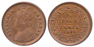 Victoria Empress, Copper ½ Pice, 1896, Calcutta Mint (Prid 729). Extremely Fine.