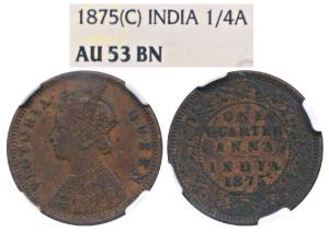 Victoria Queen, Copper ¼ Anna, 1875, Calcutta Mint, (Prid 609). Graded by NGC AU53BN.
