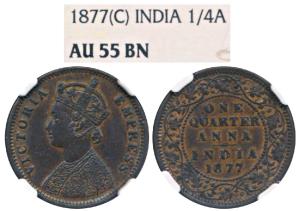 Victoria Queen, Copper ¼ Anna, 1877, Calcutta Mint, (Prid 611). Graded by NGC AU55BN.