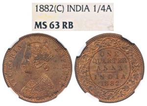 Victoria Queen, Copper ¼ Anna, 1882, Calcutta Mint, (Prid 615). Graded by NGC MS63RB.