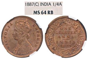 Victoria Empress, Copper ¼ Anna, 1887, Calcutta Mint, C below date on center bead (Prid 62