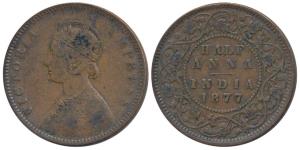 Victoria Empress, Copper ½ Anna, 1877 (Prid 586). Fine+.