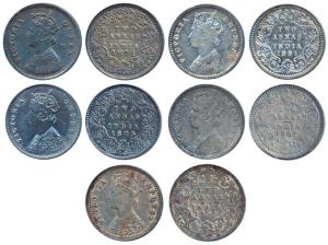 Victoria Empress, Silver 2 Annas (5), 1874 & 1875; 1881 & 1887, both Calcutta Mint; 1900 B