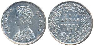 Victoria Empress, Silver 2 Annas, 1875, Calcutta Mint, A / I / No mint mark (Prid 489). Ab