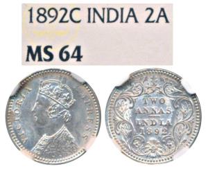 Victoria Empress, Silver 2 Annas, 1892, Calcutta Mint, B / II / C incuse (Prid 507). Grade