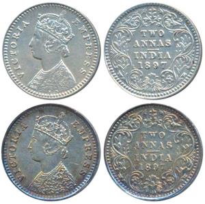 Victoria Empress, Silver 2 Annas (2), 1897, Calcutta Mint, B / II / C incuse, (Prid 512); 