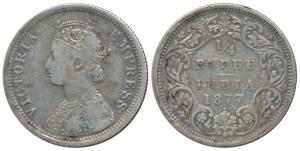 Victoria Empress, Silver ¼ Rupee, 1877, Bombay Mint, B / I / dot, (Prid 409). Fine+, Rare.