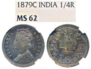 Victoria Empress, Silver ¼ Rupee, 1879, Calcutta Mint, C / II / C incuse, (Prid 384). Grad