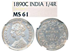 Victoria Queen, Silver ¼ Rupee, 1890, Calcutta Mint, C / II / C incuse (Prid 395). Graded 
