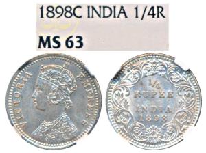 Victoria Empress, Silver ¼ Rupee, 1898, Calcutta Mint, C / II / C incuse (Prid 402). Grade