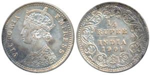 Victoria Empress, Silver ¼ Rupee, 1901, Calcutta Mint, C / II / C incuse, (Prid 404). Abou