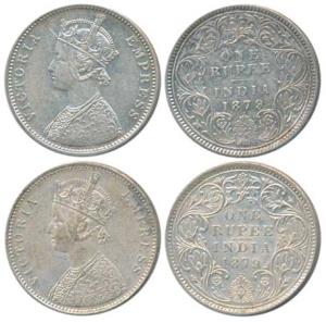 Victoria Empress, Silver Rupee (2), 1879, Bombay Mint, A3 / I / dot, (Prid 154); A3 / IV /