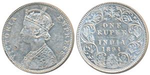 Victoria Empress, Silver Rupee, 1891, digit ‘1’ over ‘0’. About Uncirculated.