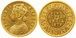 Victoria Empress, Gold Rupees 5, 1879, Mature Bust, Bombay Mint, (Prid 45). Proof Restrike