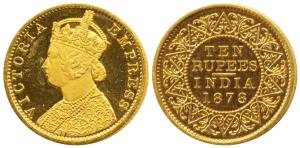 Victoria Empress, Gold Rupees 10, 1878, Calcutta Mint, (Prid 34, SW 6.20). Nice cameo, wit
