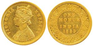 Victoria Empress, Gold Mohur, 1885, V in Jabot (Prid 21). Extremely Fine, Rare.