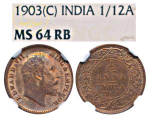 Edward VII, Copper 1/12 Anna, 1903, Calcutta Mint (Prid 818). Graded by NGC MS64RB.