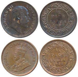 Edward VII, Copper ½ Pice, 1908, Calcutta Mint (Prid 742); George V, Copper ½ Pice, 1918, 