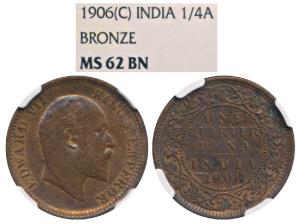 Edward VII, Bronze ¼ Anna, 1906, Calcutta Mint, (Prid 651). Graded by NGC MS62BN, Rare.