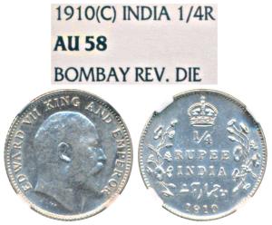 Edward VII, Silver ¼ Rupee, 1910, Bombay Mint, dot on the vine, Unlisted in Pridmore. Grad