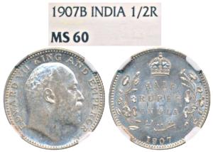 Edward VII, Silver ½ Rupee, 1907, Bombay Mint B incuse and dot, (Prid 316). Graded by NGC 