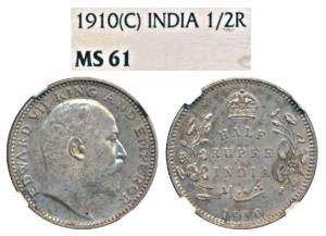 Edward VII, Silver ½ Rupee, 1910, Calcutta Mint, No mint mark, (Prid 314). Graded by NGC M