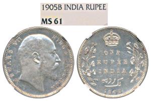 Edward VII, Silver Rupee, 1905, Bombay Mint, B incuse (Prid 201). Graded by NGC MS61.